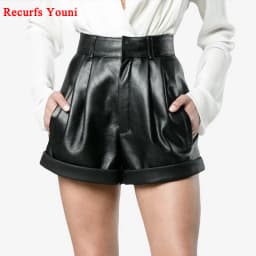 2026 Winter Women European/American Fashion Genuine Leather Shorts Real Lambskin High Waist Flanging Wide Leg Trousers Boots
