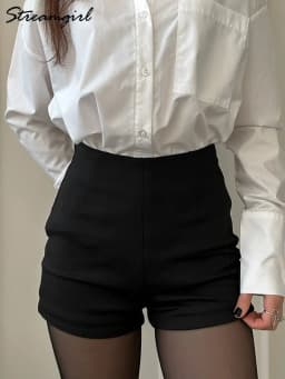 Streamgirl Black Micro Shorts For Women High Waist Invisible Zipper Elastic Mini Shorts For Women Casual Women's Summer Shorts