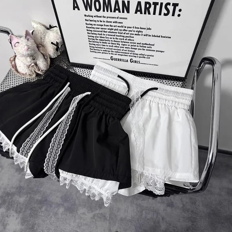 New Bottoms Korean Shorts Women High Waist Casual Patchwork Lace Wide Leg Shorts Bandage Chic Summer Pantalones Cortos De Mujer