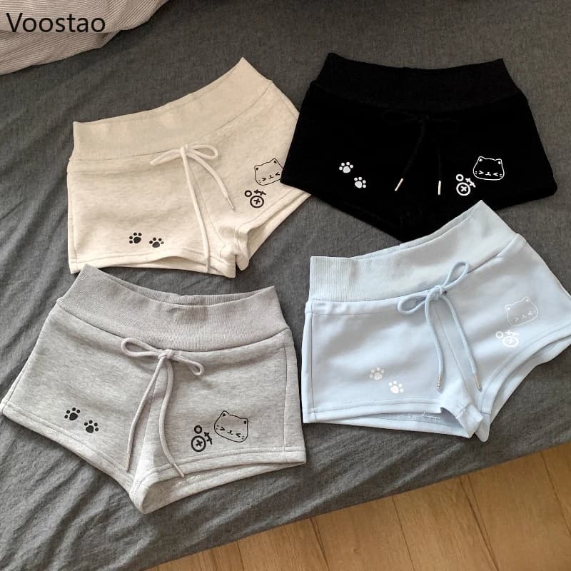 Japanese Sweet Cartoon Cat Print Lolita Shorts Women Kawaii Elastic Waist Casual Short Pants Y2k Aesthetic Cute Cotton Shorts