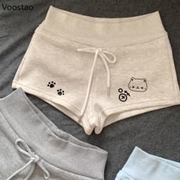 Japanese Sweet Cartoon Cat Print Lolita Shorts Women Kawaii Elastic Waist Casual Short Pants Y2k Aesthetic Cute Cotton Shorts
