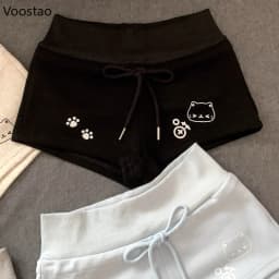 Japanese Sweet Cartoon Cat Print Lolita Shorts Women Kawaii Elastic Waist Casual Short Pants Y2k Aesthetic Cute Cotton Shorts