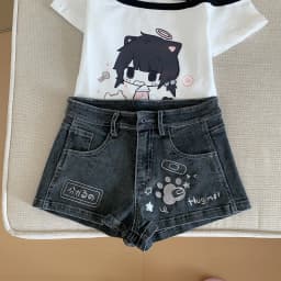 Subculture Spice Girl Y2K Denim Shorts Summer New Versatile Daily Casual Elastic Jean Shorts Cartoon Embroidered Kawaii Shorts