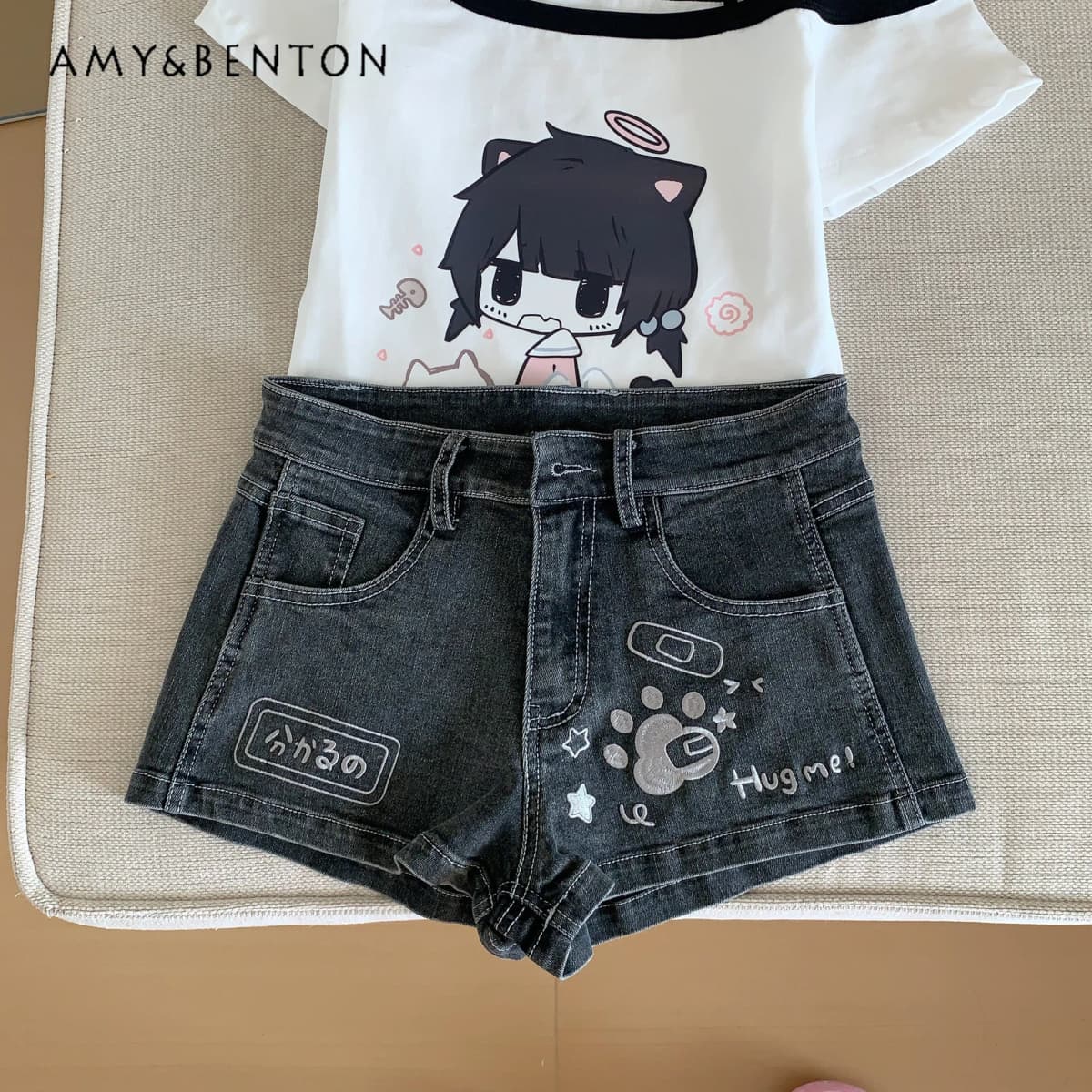 Subculture Spice Girl Y2K Denim Shorts Summer New Versatile Daily Casual Elastic Jean Shorts Cartoon Embroidered Kawaii Shorts