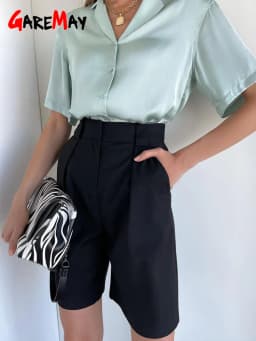 Women's Summer Shorts 2025 Long with High Waist Female Loose White Classic Knee-Length Office Wide Women's Shorts Black Candy