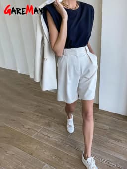Women's Summer Shorts 2025 Long with High Waist Female Loose White Classic Knee-Length Office Wide Women's Shorts Black Candy