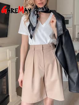 Women's Summer Shorts 2025 Long with High Waist Female Loose White Classic Knee-Length Office Wide Women's Shorts Black Candy