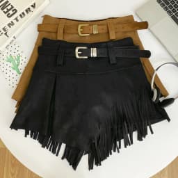 Autumn Winter Women's Faux Suede Shorts Skirts Retro High Waist Irregular Tassel Short Pants Side Zipper Anti-glare Boot Shorts