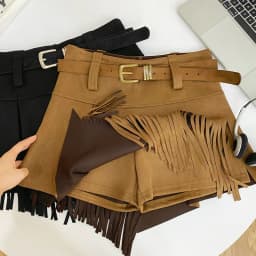Autumn Winter Women's Faux Suede Shorts Skirts Retro High Waist Irregular Tassel Short Pants Side Zipper Anti-glare Boot Shorts