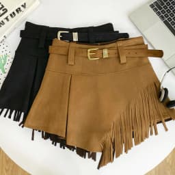 Autumn Winter Women's Faux Suede Shorts Skirts Retro High Waist Irregular Tassel Short Pants Side Zipper Anti-glare Boot Shorts