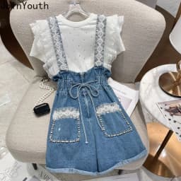 Fashion Denim Shorts Women Clothing Summer Overalls Heavy Beading Ruffles Pantalones Cortos De Mujer Korean Y2k Wide Leg Pants