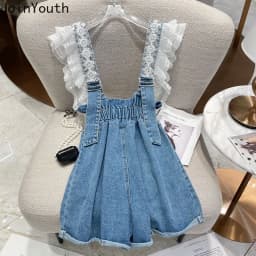 Fashion Denim Shorts Women Clothing Summer Overalls Heavy Beading Ruffles Pantalones Cortos De Mujer Korean Y2k Wide Leg Pants