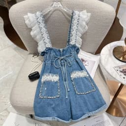 Fashion Denim Shorts Women Clothing Summer Overalls Heavy Beading Ruffles Pantalones Cortos De Mujer Korean Y2k Wide Leg Pants