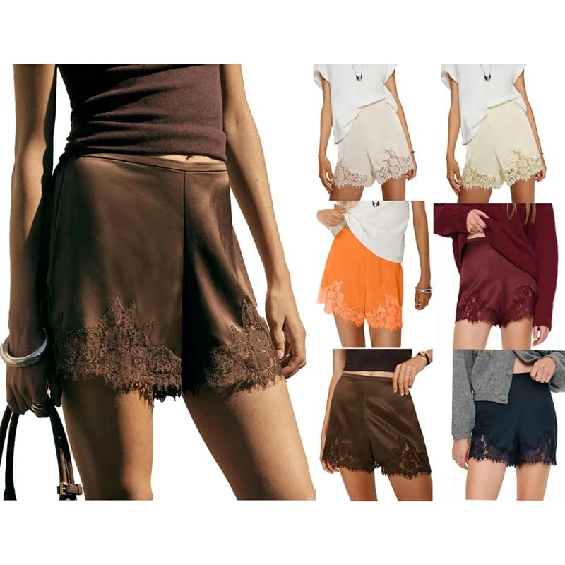 Satin Silk Boxers Shorts for Women Y2k Floral Lace Trim Micro Mini Pajama Knickers Side Zip High Rise Loungewear Slip Pjs Bottom