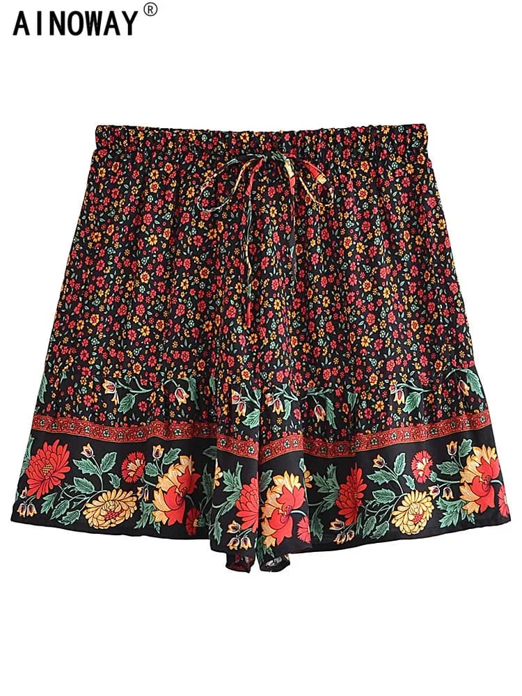 Vintage Chic Women Wild Floral Print Happie Summer Bohemian Short Ladies Beach Large Size High Waist Rayon Boho Shorts