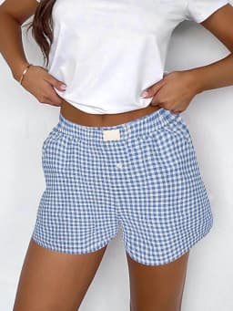 Women's Elastic Waistband Shorts, Teen-Girls Outfit, Red, Blue Plaid, Casual Lounge, Summer