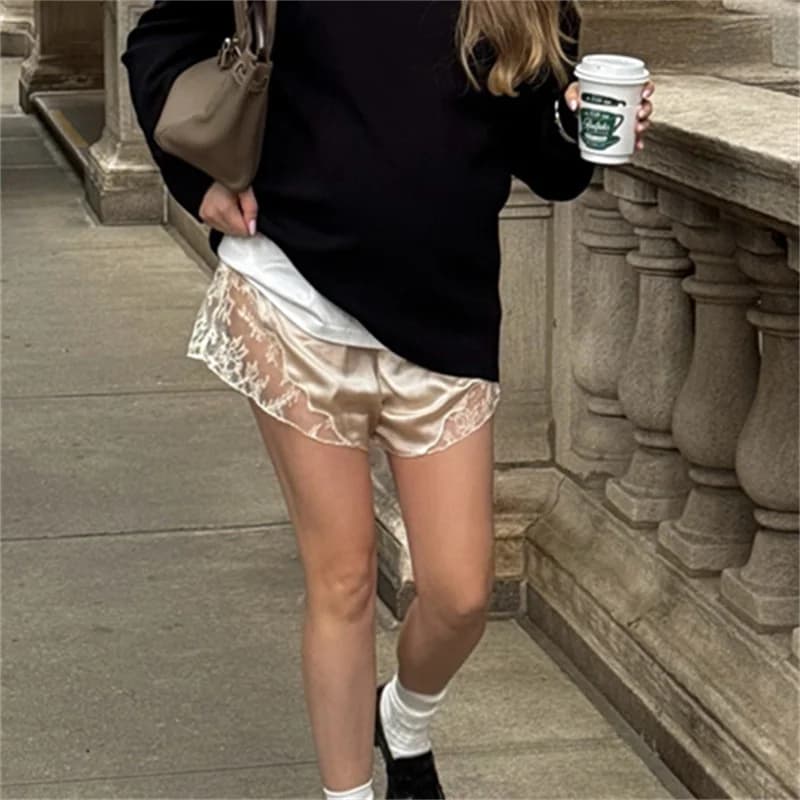 Women Y2k Slik Lace Trim Shorts Stain Pajama Micro Mini Slip Boxer Shorts Low Rise Lounge Pj Bottoms Pettipants Streetwear