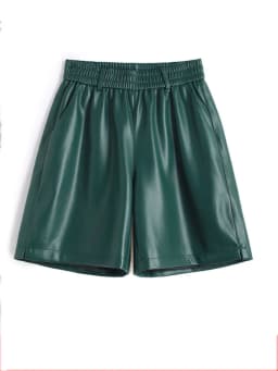 Fashionable Stylish 100% Leather Five-Point Pants For Women Femme Elastic Waist Wide Leg Shorts With Pocket