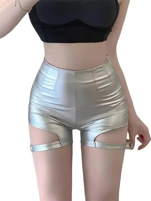 Spicy Girls High Waist Shorts Tight Wrap Hip Sports Pants Casual Pants Women Wrap Buttocks Silver Strap Hollowed Out CL4I Sexy