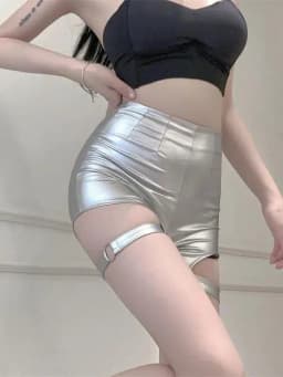 Spicy Girls High Waist Shorts Tight Wrap Hip Sports Pants Casual Pants Women Wrap Buttocks Silver Strap Hollowed Out CL4I Sexy