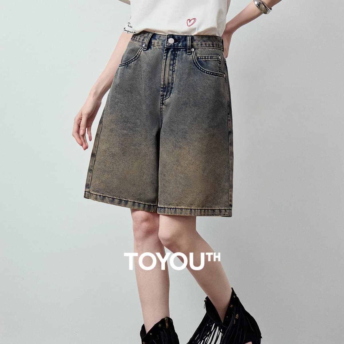 TOYOUTH Women's High Waist Wide Leg Denim Shorts 2026 Summer New Acetate Puff Vintage Blue 5-Pocket Hot Pants