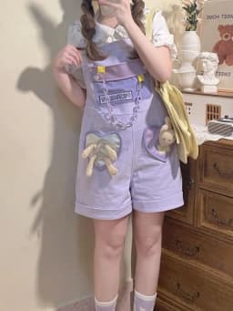 Kawaii Japanese Girls Overalls 2026 Women Clothing Sweet Purple Strap Outfits Chic Casual Y2k Short Suspender Pants