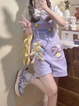 Kawaii Japanese Girls Overalls 2026 Women Clothing Sweet Purple Strap Outfits Chic Casual Y2k Short Suspender Pants