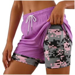 2-In-1 Women Yoga Shorts Fake Two-Piece Drawstring Elastic Waist Quick Drying Sport Shorts Summer Camouflage Gym Workout Pants