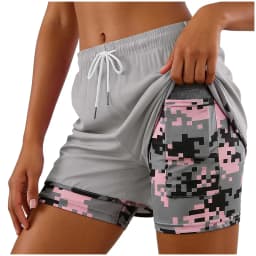 2-In-1 Women Yoga Shorts Fake Two-Piece Drawstring Elastic Waist Quick Drying Sport Shorts Summer Camouflage Gym Workout Pants
