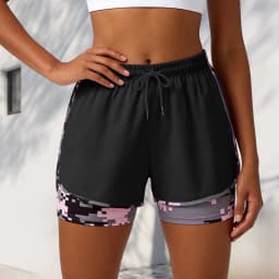 2-In-1 Women Yoga Shorts Fake Two-Piece Drawstring Elastic Waist Quick Drying Sport Shorts Summer Camouflage Gym Workout Pants