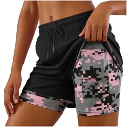 2-In-1 Women Yoga Shorts Fake Two-Piece Drawstring Elastic Waist Quick Drying Sport Shorts Summer Camouflage Gym Workout Pants