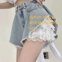 LGRQ summer denim ,high waist lace shorts,outfits two pieces hots ,35cm length big bottom light color shorts for girl