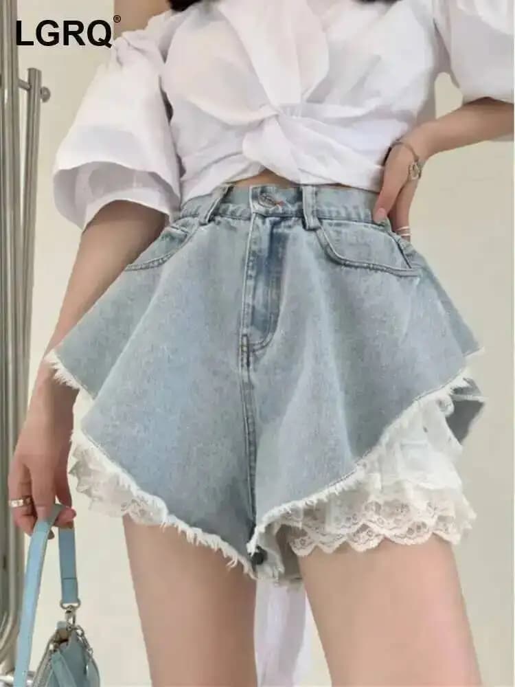 LGRQ summer denim ,high waist lace shorts,outfits two pieces hots ,35cm length big bottom light color shorts for girl