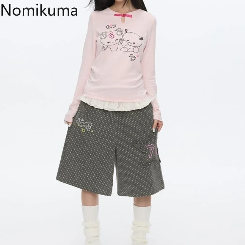 Patchwork Polka Dot Shorts for Women 2025 New Bottoms Ruffles Straight Wide Leg Pants Summer Casual Pantalones Cortos De Mujer