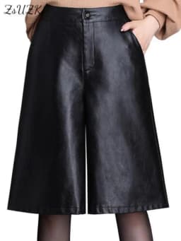 Black PU Leather Bermuda Shorts For Women Loose Long Shorts Motorcycle Punk High Waist Knee Length Bermuda Femme