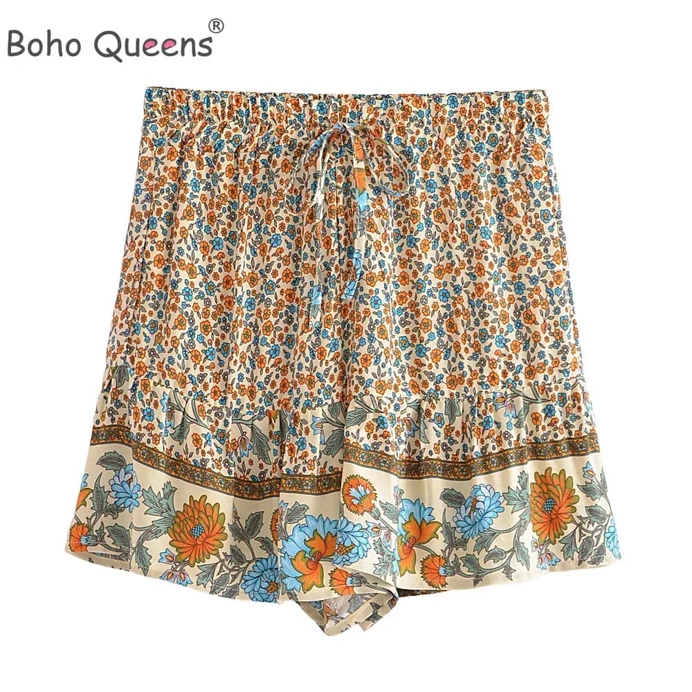 Boho Queens Women Wild Floral Print Bohemian Happie Short Ladies Beach Summer Elastic Waist Rayon Boho Shorts