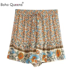 Boho Queens Women Wild Floral Print Bohemian Happie Short Ladies Beach Summer Elastic Waist Rayon Boho Shorts