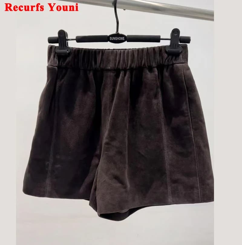 Suede Leather Shorts Women Spring Genuine Leather Harajuku Vertical Bar Short Britches Casual Bloomers Coffee Shorts de Mujeres