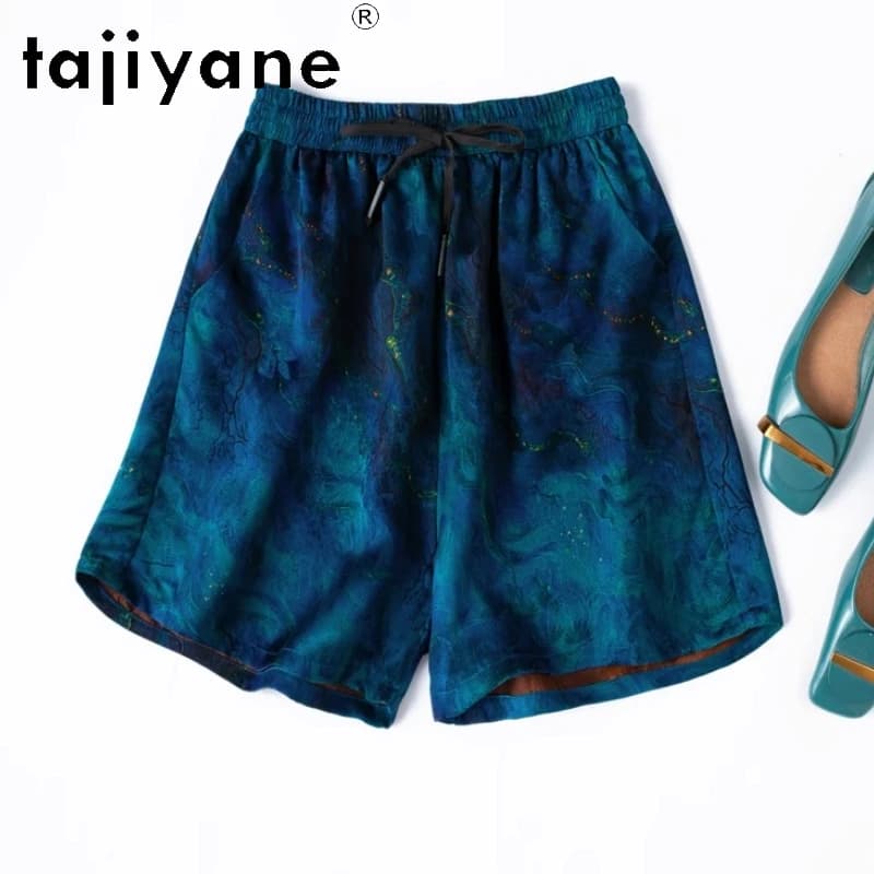 TAJIYANE 100% Natural Mulberry Silk Shorts Woman Summer Baggy Short Fashion Casual blue Short Pants Women Clothing 2025 шорты