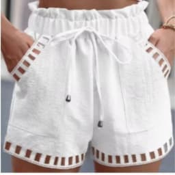 Cotton Linen Women's Solid Color Shorts Thin Hollow Out Design Trim Pocket Tight Waist Shorts Beachwear Casual Female Clothes