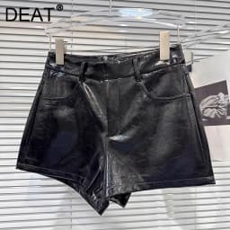 DEAT 2025 Autumn Winter New Fashion Solid Color PU Leather Boot Short Pant For Women High Waist Versatile Shorts Female 11A07168