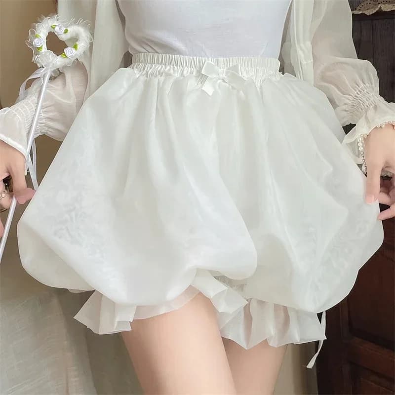 Japanes Kawaii Cute Lolita Safety Cotton Bloomers Women's Sweet Bow Accent Fluffy Harajuku Solid Color Ruffles Pumpkin Shorts
