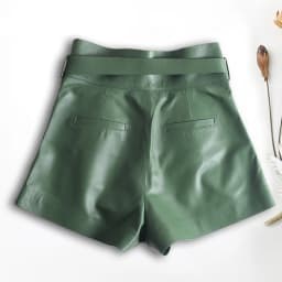 Women Harajuku Genuine Leather Bud Pleated Falbala Shorts With Belt Femme High Waist Hhaki/Green Casual Mujer Sexy Booty Shorts