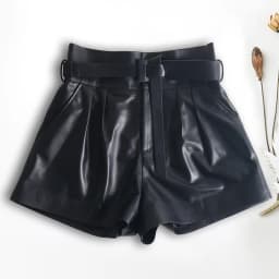 Women Harajuku Genuine Leather Bud Pleated Falbala Shorts With Belt Femme High Waist Hhaki/Green Casual Mujer Sexy Booty Shorts
