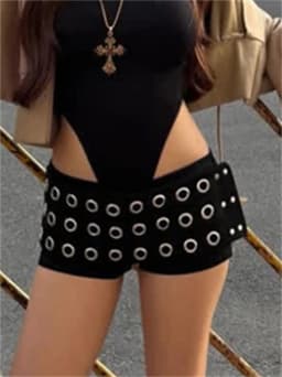 Kliou High Street Style Mini Shorts Woman Metal Rings Hollow Decoration Elastic High Waist Hot Girls Sexy Fashion Skinny Bottoms