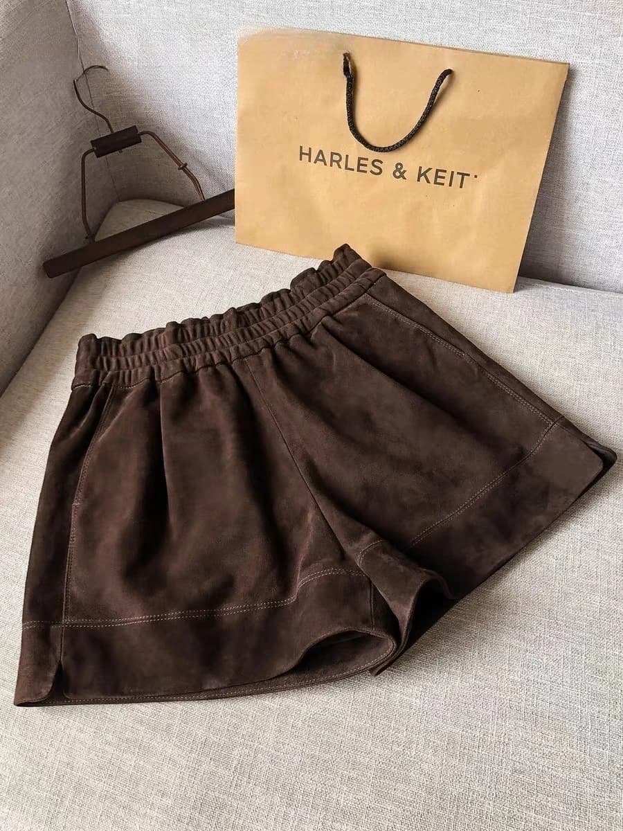 Suede Leather Shorts Women Spring Genuine Leather Harajuku Vertical Bar Short Britches Casual Bloomers Coffee Shorts de Mujeres