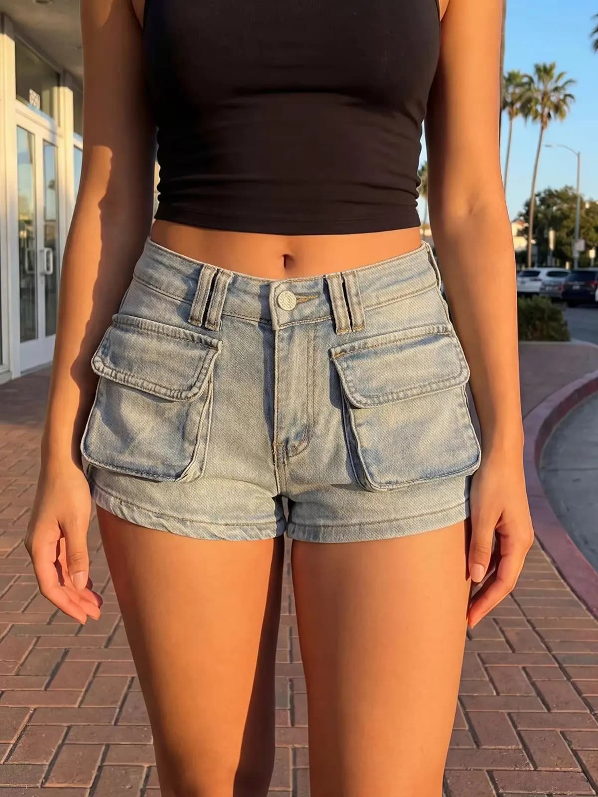 Fashion Women’s Denim Shorts Summer Mid Waist Cargo Jean Shorts with Pockets Streetwear