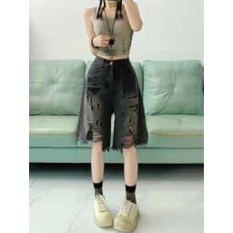 American Vintage Hole Denim Shorts for Women Summer High Waist Wide Leg Shorts 2026 New Loose Straight Five-point Pants Kawaii