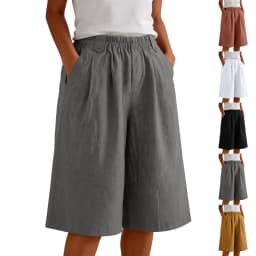 Women'S Casual Wide Leg Shorts Elastic Waist Knee Length Loose Shorts With Pockets Summer Seven Quarter Pants Plus Size Clothing