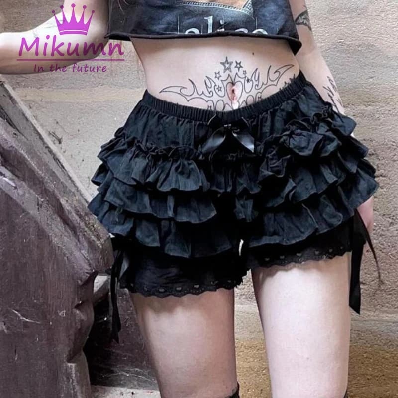 Mikumn Harajuku Gothic Lolita Black Lace Safety Shorts Women Y2k Kawaii Pumpkin Pants Layered Ruffles Vintage Victorian Bloomers